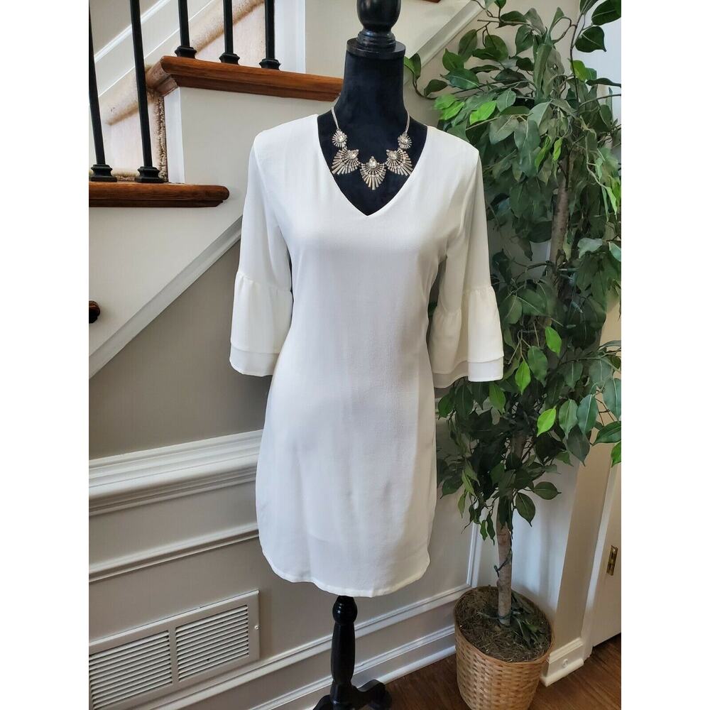 Belongsci Women White Polyester V-Neck Long Sleeve Knee Length Dress Size S